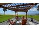 Seating area under a shaded pergola overlooking the water at 7418 Westmoreland Dr, Sarasota, FL 34243