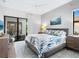 Cozy bedroom with a comfy bed, sliding door to patio, and wood floors at 9224 Starry Night Ave, Sarasota, FL 34241