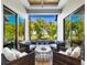 Serene covered patio featuring comfortable seating and lush landscaping at 9224 Starry Night Ave, Sarasota, FL 34241