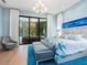 Spacious main bedroom with pool view, plush bedding, and sitting area at 9224 Starry Night Ave, Sarasota, FL 34241