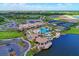 Aerial view of community amenities including pool, tennis courts, and lake at 16920 Pelham Pl, Bradenton, FL 34202