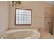 Bathroom with soaking tub and a large glass block window at 10616 Forest Run Dr, Bradenton, FL 34211