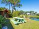 Peaceful backyard with a wooden picnic table and water view at 3888 Shady Brook Ln, Sarasota, FL 34243