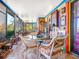 Bright sunroom with glass windows, eclectic furniture, and lake view at 3888 Shady Brook Ln, Sarasota, FL 34243