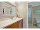 Bathroom features a single vanity and shower with glass door at 4409 Eleuthera Ct, Sarasota, FL 34233