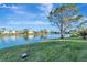 Spacious backyard with lake view, lush grass, and mature tree at 805 Harrington Lake N Dr # 76, Venice, FL 34293