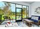 Screened patio with wicker furniture and a view of a pond and trees at 8608 Stargazer St, Sarasota, FL 34238