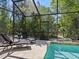 Relaxing poolside patio with lounge chairs and screened enclosure at 1214 Sea Plume Way, Sarasota, FL 34242