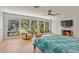 Spacious Primary bedroom with fireplace, large windows with scenic views, and comfortable seating at 3348 Old Oak Dr, Sarasota, FL 34239