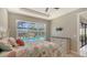 Cozy bedroom featuring a ceiling fan and pool views at 5737 Semolino St, Nokomis, FL 34275