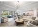 Expansive living room with an open layout, modern lighting, and seamless transition to the outdoor pool area at 7130 Whittlebury Trl, Bradenton, FL 34202