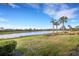 Spacious backyard with lake view, lush landscaping, and palm trees at 8921 Artisan Way, Sarasota, FL 34240