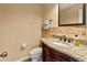 Half bathroom with granite countertop, ornate vanity, and tiled backsplash at 4875 Wood Pointe Way, Sarasota, FL 34233