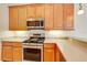 Close-up view of the kitchen's stainless steel stove and wood cabinetry at 12342 Lavender Loop, Bradenton, FL 34212