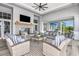 Covered outdoor patio with comfortable seating, fireplace, and views of the community at 17942 Palmiste Dr, Bradenton, FL 34202
