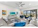 Open concept living room with gray sectional sofa and blue accents at 17714 Waterville Pl, Bradenton, FL 34202