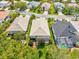 Aerial view of a home showing the backyard, landscaping, and neighborhood streets at 8412 Whispering Woods Ct, Lakewood Ranch, FL 34202