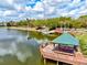 Enjoy the serene atmosphere of this lake view featuring a wooden pier, gazebo, and picturesque waterfront at 8412 Whispering Woods Ct, Lakewood Ranch, FL 34202