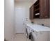 Efficient laundry room with washer, dryer, upper cabinets and access door to the exterior at 7115 Callander Cv, Lakewood Ranch, FL 34202