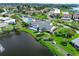 An aerial view of a charming neighborhood featuring a serene pond and community amenities at 9514 Colonial Dr, Bradenton, FL 34210