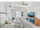 Cozy living room with a modern sofa, entertainment center and large windows for ample natural light at 258 Golden Gate Pt # 801, Sarasota, FL 34236