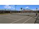 Outdoor tennis court with black chainlink fence and palm trees under a clear blue sky at this community at 6005 Mesa Gln, Bradenton, FL 34203
