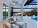 Evening view of relaxing pool area with covered lanai and lake view at 19405 Ganton Ave, Lakewood Ranch, FL 34202