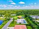 Scenic aerial view of a residential area with well-maintained homes, swimming pools, and lush greenery at 482 Rubens Dr E, Nokomis, FL 34275
