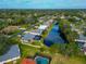 Aerial view of a residential neighborhood with mature landscaping, backyard pools and a beautiful waterway at 4423 Meadow Creek Cir, Sarasota, FL 34233
