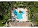 Aerial view of the community pool, showcasing its unique shape and surrounding landscape at 4423 Via Del Villetti Dr, Venice, FL 34293