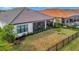 Elevated view of home's backyard, showcasing a screened patio and well-manicured lawn at 15415 Derna Ter, Bradenton, FL 34211