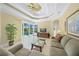 Relaxing living room with tile floors, ceiling fan, access to the screened lanai, and comfortable furniture at 518 Luminary Blvd, Osprey, FL 34229