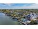 Breathtaking aerial view of a waterfront estate with a private dock, luxurious pool, and manicured grounds at 1541 Bay Point Dr, Sarasota, FL 34236