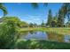 Serene backyard pond view with lush landscaping and reflection of trees at 6308 Lilac Pl, Sarasota, FL 34231