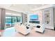 Bright, open-concept living room with modern chandelier, fireplace, and access to outdoor pool at 5305 Brookgrove Dr, Sarasota, FL 34238