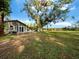 Spacious backyard featuring a large tree with a tranquil pond in the distance at 5645 Churchill Downs Rd, Sarasota, FL 34241