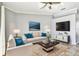 Comfortable living room featuring a plush sofa, a ceiling fan, neutral decor, and a decorative area rug at 4708 Clipper Dr, Bradenton, FL 34208