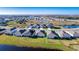 Aerial view of a Primary-planned community, featuring a scenic pond and well-manicured lawns at 9814 Daybreak Gln, Parrish, FL 34219