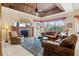 Comfortable living room with a stone fireplace, wood ceiling, and backyard views at 2611 Little Country Rd, Parrish, FL 34219