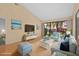 Cozy living room with vaulted ceilings, hardwood floors and a view to the exterior at 5343 Huntingwood Ct # 33, Sarasota, FL 34235