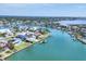 Aerial view showcases a serene waterfront neighborhood with luxurious homes, private docks, and lush landscaping at 3638 San Remo Ter, Sarasota, FL 34239