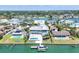 Aerial view of waterfront homes in a residential neighborhood along a calm canal with private docks and backyard pools at 3638 San Remo Ter, Sarasota, FL 34239