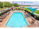 Enjoy a swim in the sparkling pool featuring poolside lounge seating and lush landscaping at 6310 Watercrest Way # 201, Lakewood Ranch, FL 34202
