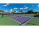 Multiple outdoor pickleball courts with green and purple surfaces are surrounded by palm trees at 8402 Grand Estuary Trl # 101, Bradenton, FL 34212