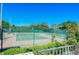 Well-maintained tennis court enclosed by a green fence and surrounded by mature trees and shrubbery at 5740 Midnight Pass Rd # 307, Sarasota, FL 34242