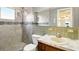 Updated bathroom with a tiled shower and marble countertop at 1741 Font Ln, Holiday, FL 34691