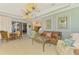 Living room area with leather sofa, sitting chairs, and view of the golf course at 124 Ventana Way, Venice, FL 34292