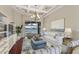 A stunning living room with coffered ceilings, lots of seating, and views of the screened-in lanai at 5383 Creekside Trl, Sarasota, FL 34243