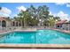Community pool with lounge chairs and umbrellas with lush landscaping near apartments at 3201 Beneva Rd # 204, Sarasota, FL 34232