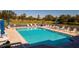 Relaxing pool area with lounge chairs, umbrellas, and beautiful landscaping including palm trees at 4570 Pinebrook Cir # 303, Bradenton, FL 34209